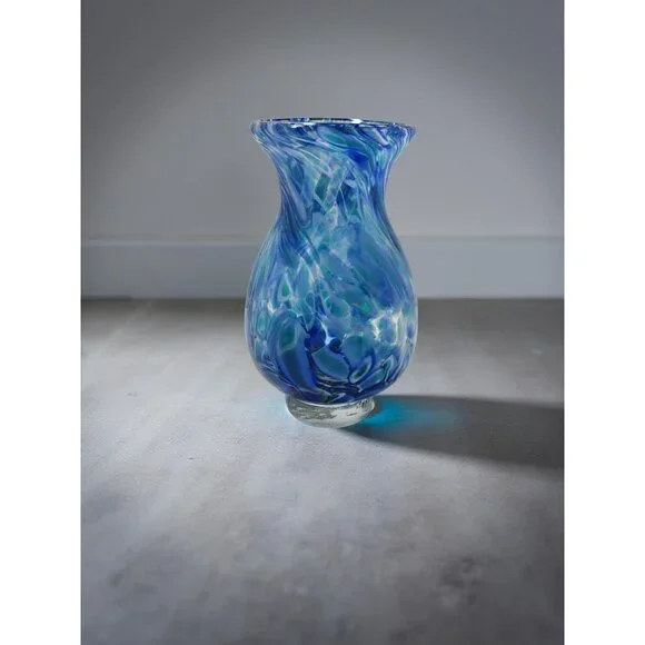 Vintage Hand Blown Blue,Teal Swirl Pattern Heavy Pedestal Bottom Vase - Picture 6 of 12